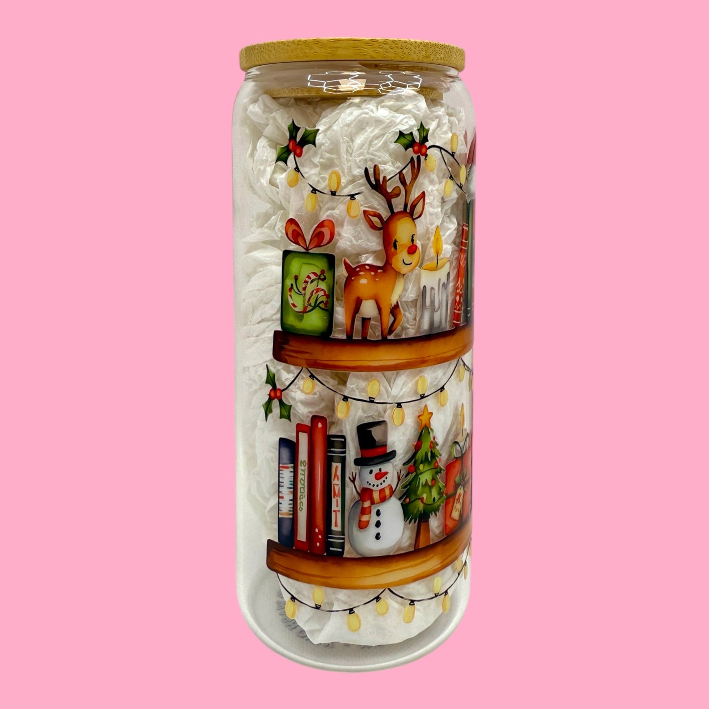 🎁📚 Holiday Bookshelf Glass Cup – 20oz ✨