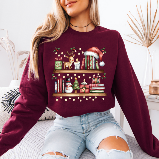 🎄 Cozy Christmas Bookshelf Organic Cotton Sweatshirt 📚✨