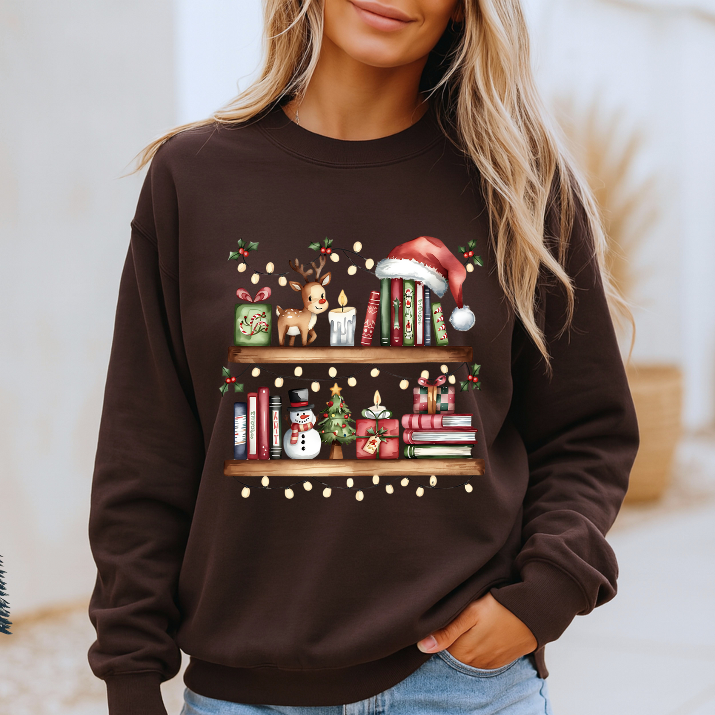 🎄 Cozy Christmas Bookshelf Organic Cotton Sweatshirt 📚✨