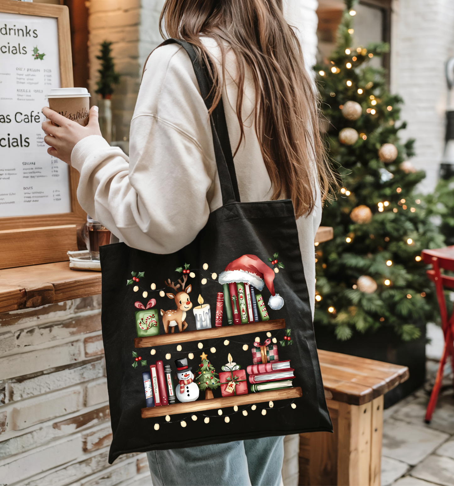 🎄 Cozy Christmas Bookshelf 
 Black Tote Bag 🍂🎃