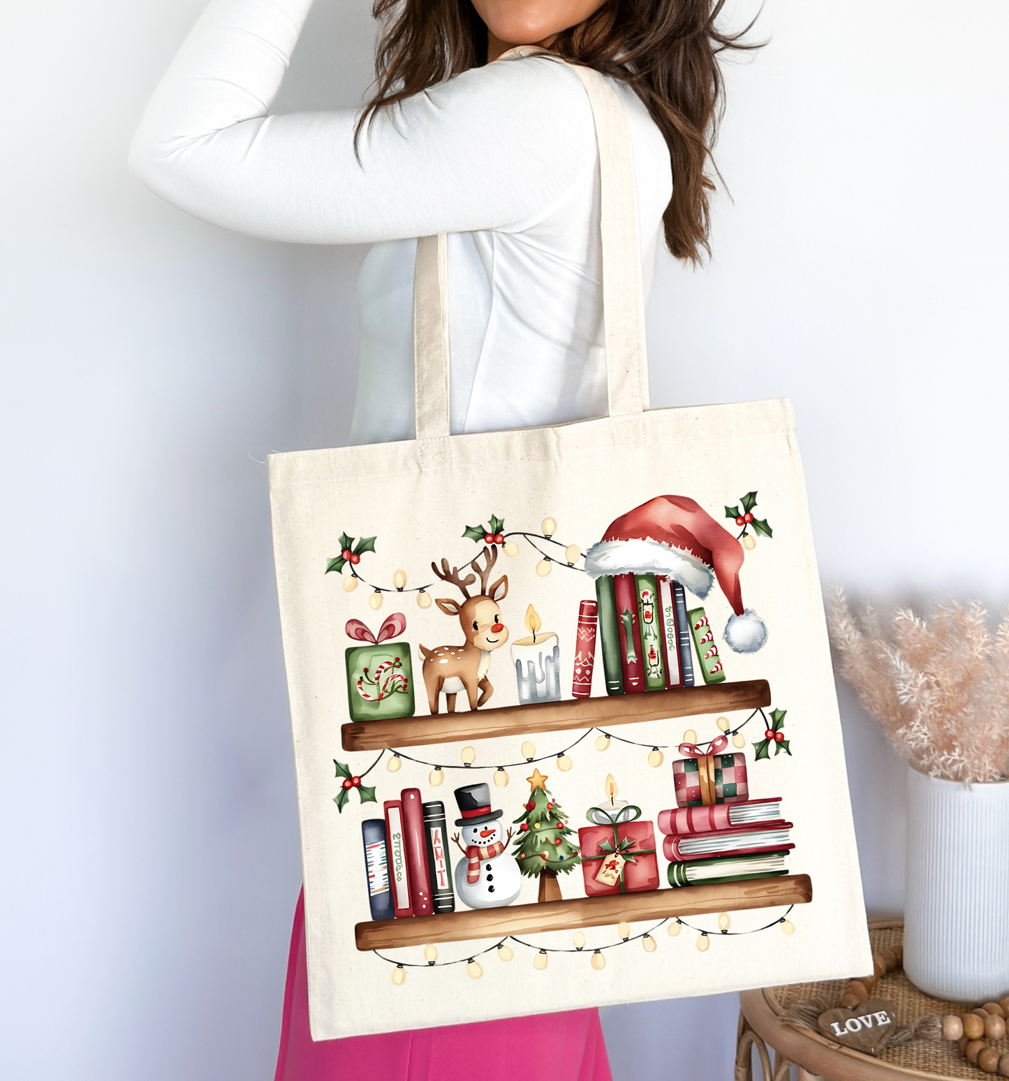 🎄 Cozy Christmas Bookshelf Tote Bag 100% Organic Cotton✨👜