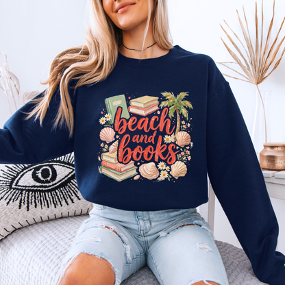 🏖️📚 Beach & Books Cozy Reader Sweatshirt 🌴🐚✨