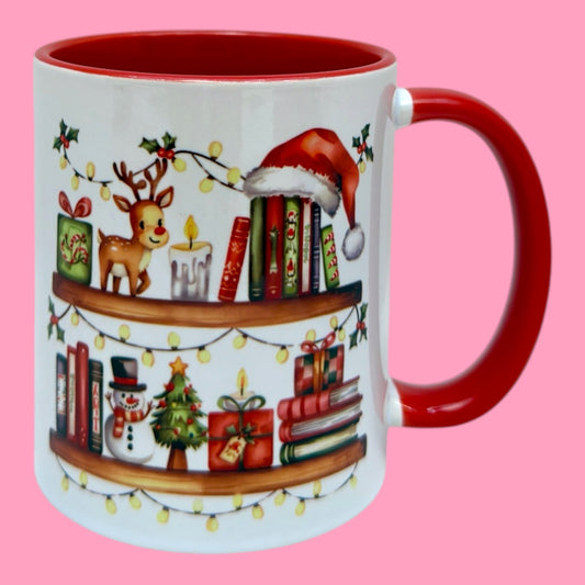 🎄📚 Christmas Bookshelf Magic – 11oz Mug ☕✨
