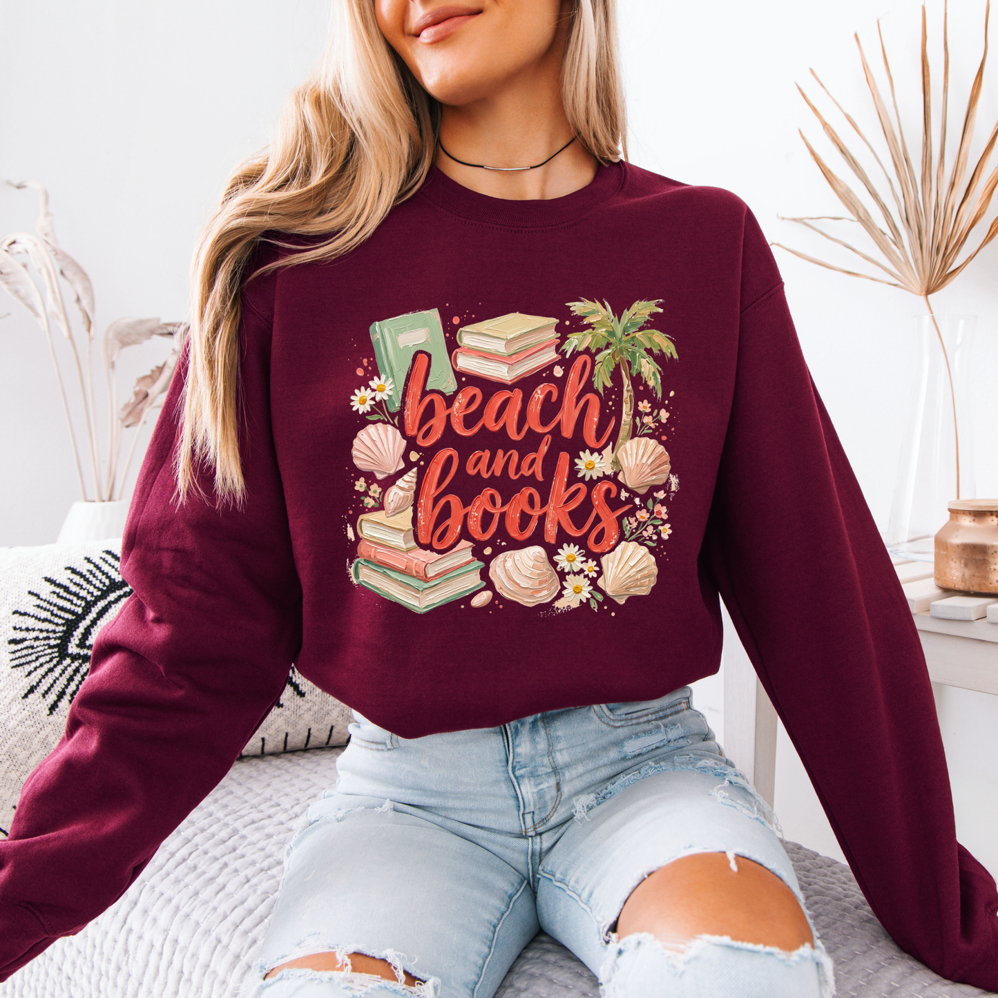 🏖️📚 Beach & Books Cozy Reader Sweatshirt 🌴🐚✨