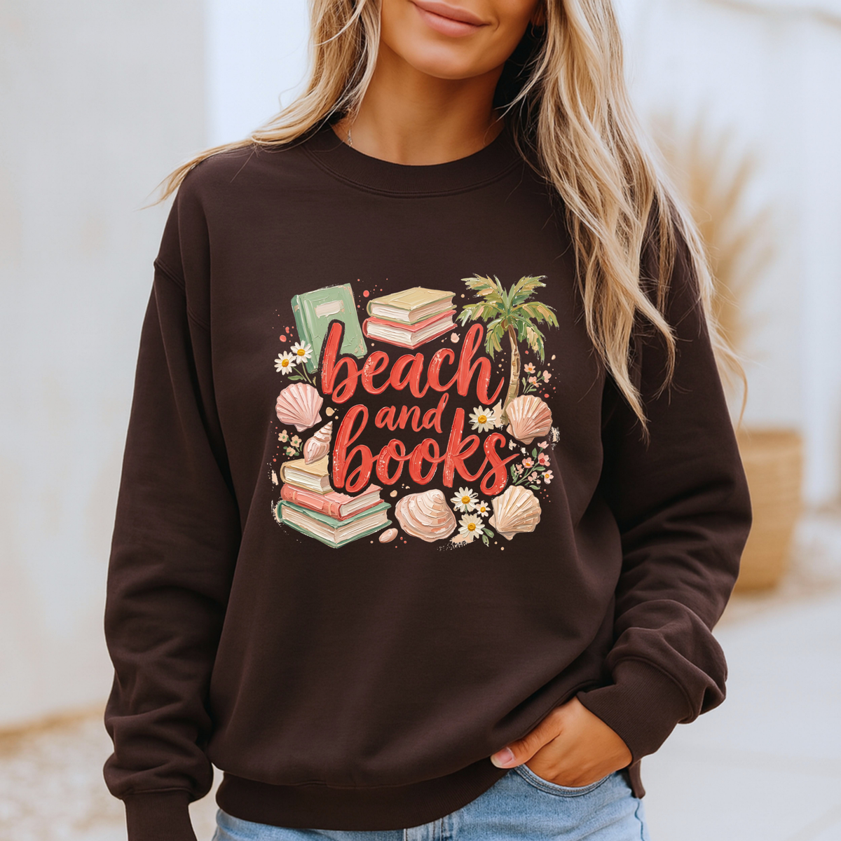🏖️📚 Beach & Books Cozy Reader Sweatshirt 🌴🐚✨
