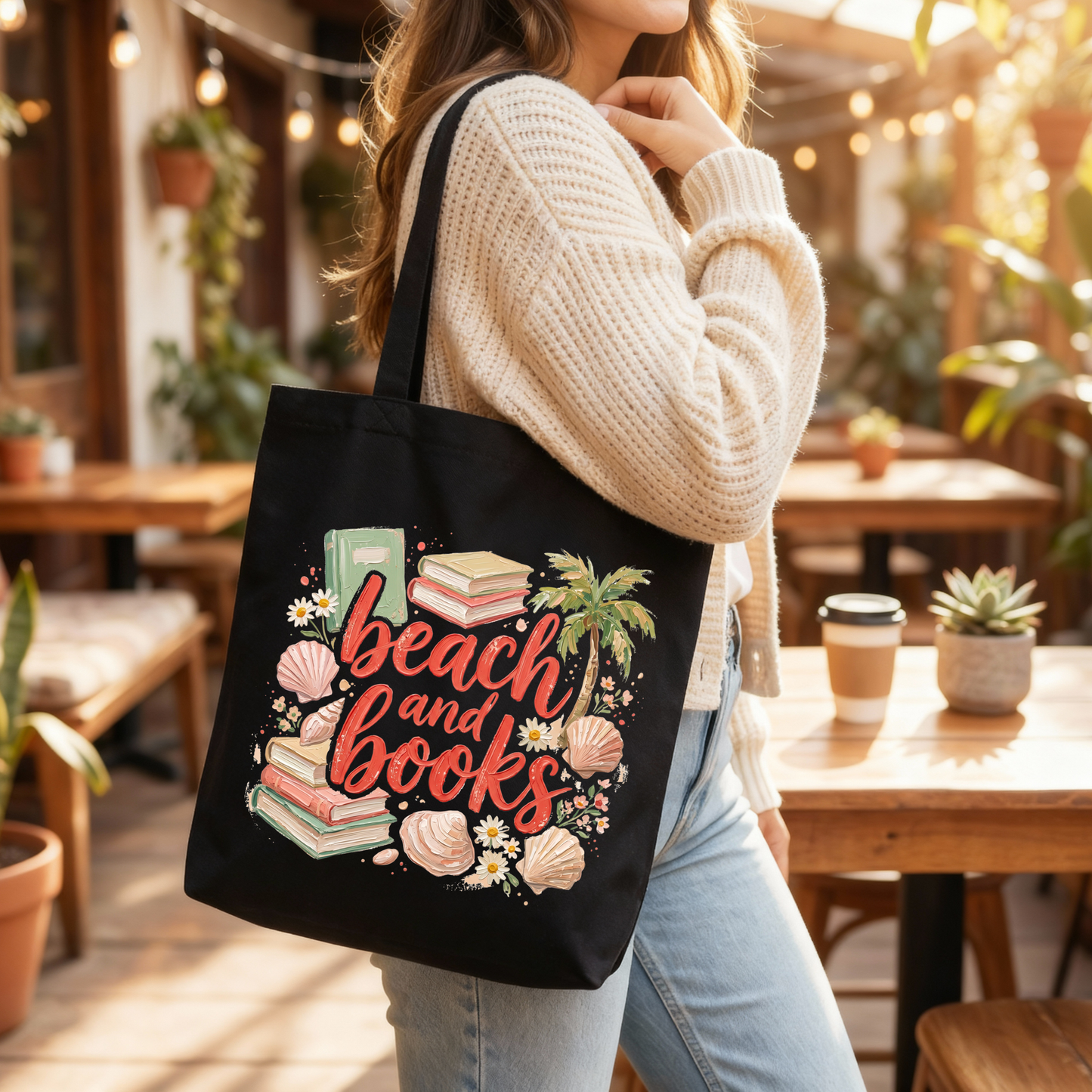 🏖️📚 Beach & Books Black Tote Bag 🌴