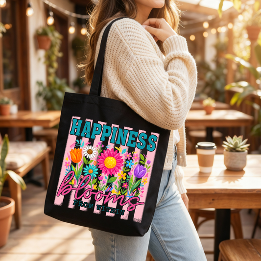🌸✨ Happiness Blooms From Within Black Tote Bag 💖