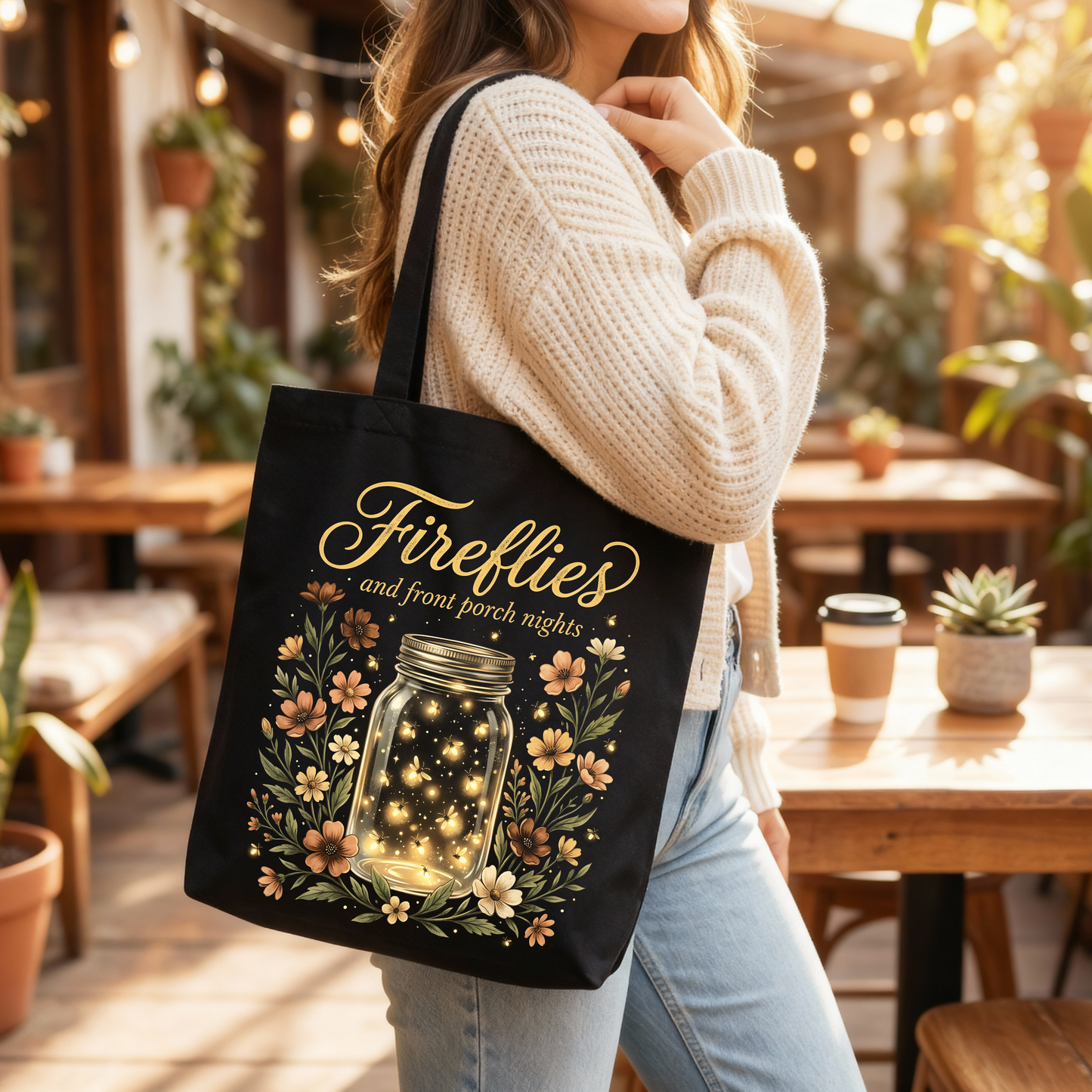 ✨🐞 Fireflies & Front Porch Nights Black Tote Bag 🌙🌼💛