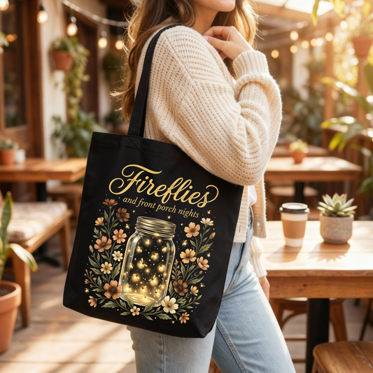 ✨🐞 Fireflies & Front Porch Nights Black Tote Bag 🌙🌼💛
