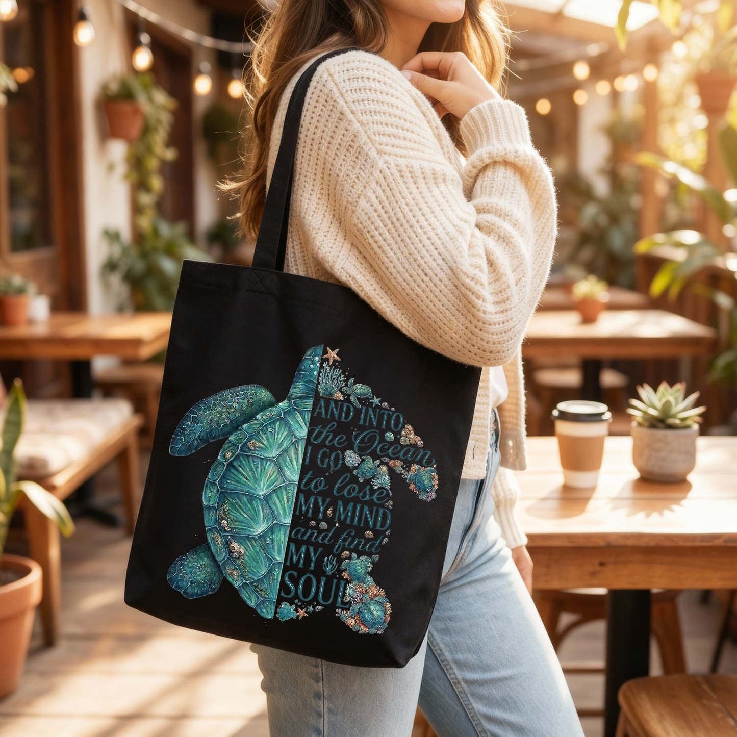 🐢🌊 Into The Ocean Sea Turtle Black Tote Bag ✨