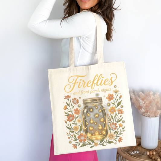 ✨🐞 Fireflies & Front Porch Nights Floral Tote Bag 🌙🌼💛