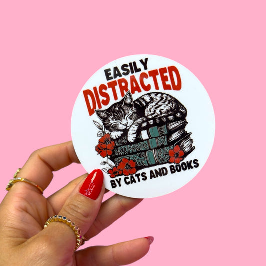 Easily Distracted by Cats and Books Coaster 🐱📚❤️