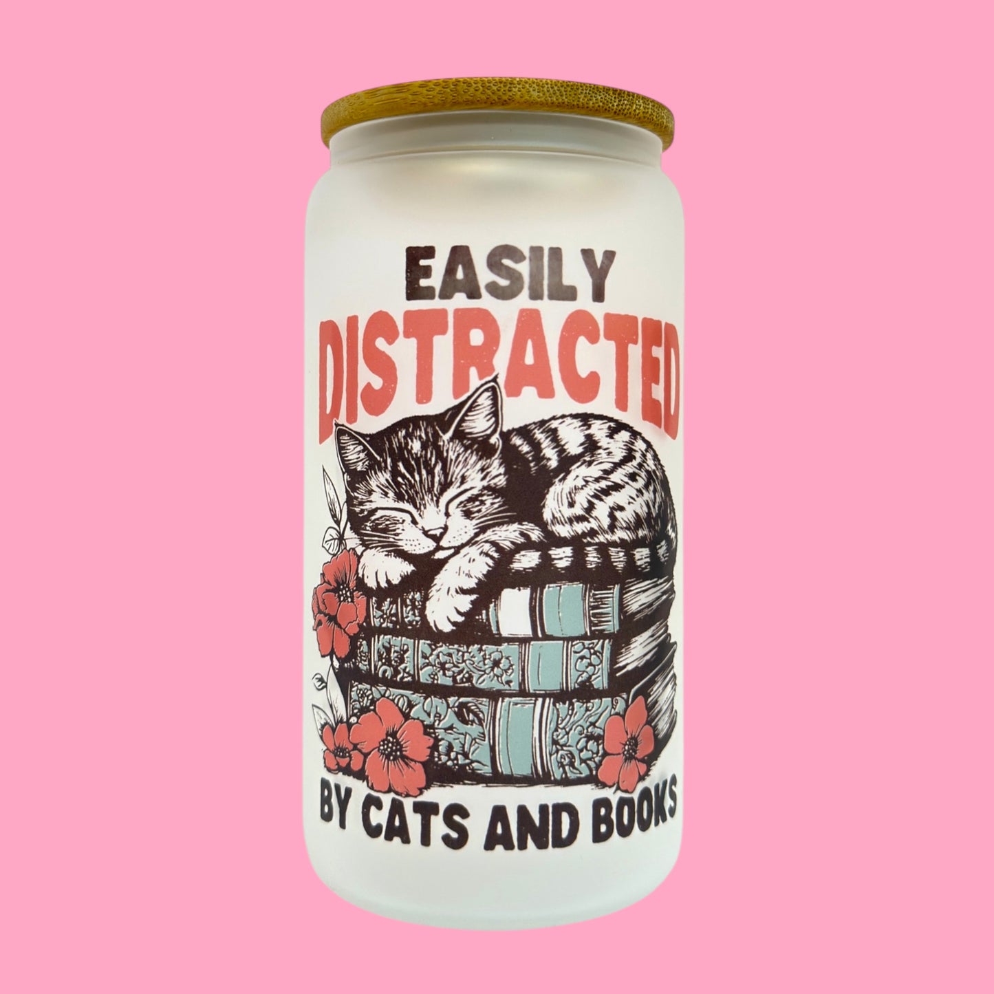 🐾📚 “Easily Distracted” Frosted Glass Cup 🐱🌸