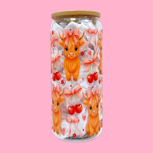 🎀 Sweet Highland Cow & Cherries 20oz Glass Cup 🍒✨