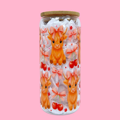 🎀 Sweet Highland Cow & Cherries 20oz Glass Cup 🍒✨
