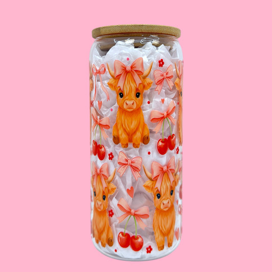 🎀 Sweet Highland Cow & Cherries 20oz Glass Cup 🍒✨