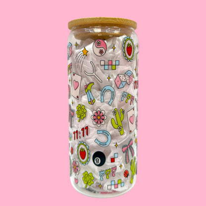 ✨ Lucky Charm Aesthetic 20oz Glass Cup 🍓🍀