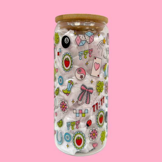 ✨ Lucky Charm Aesthetic 20oz Glass Cup 🍓🍀