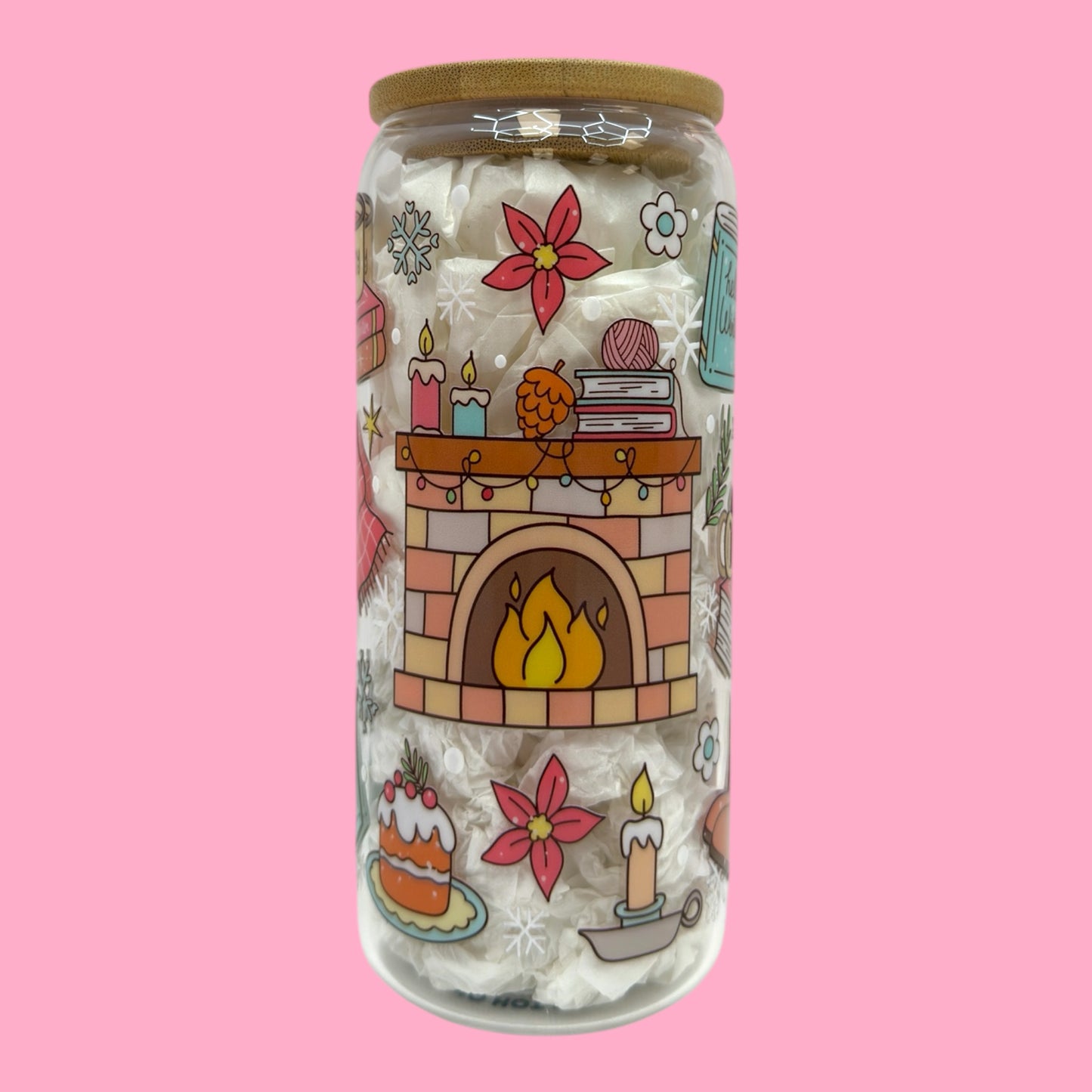 Cozy Winter Fireplace 20oz Glass Cup ❄️🔥✨