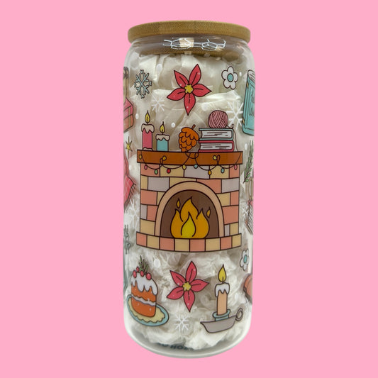 Cozy Winter Fireplace 20oz Glass Cup ❄️🔥✨