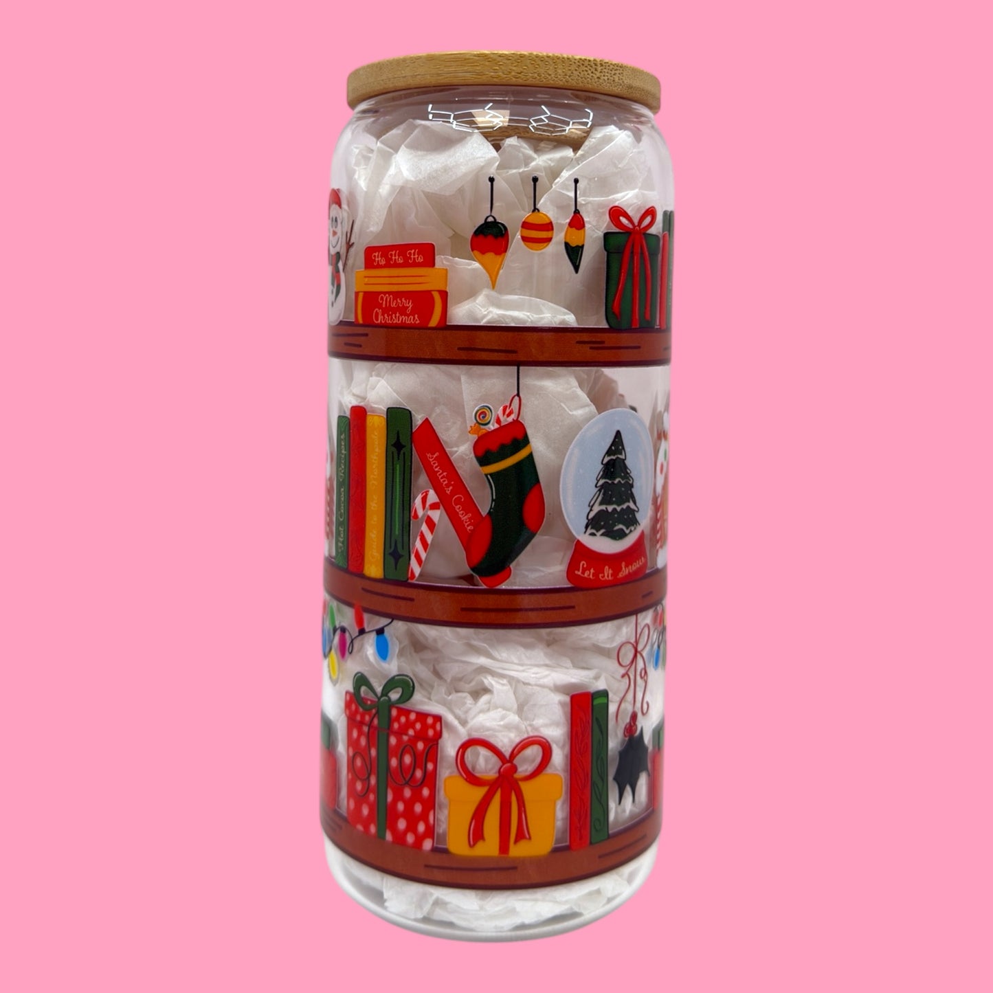 Christmas Bookshelf 20oz Glass Cup 🎄📚✨