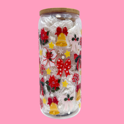 Christmas Bows and Bells 20oz Glass Cup 🎀🔔✨