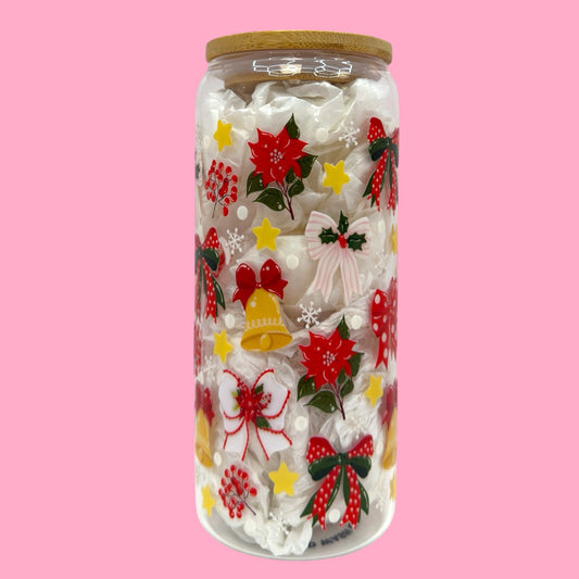 Christmas Bows and Bells 20oz Glass Cup 🎀🔔✨