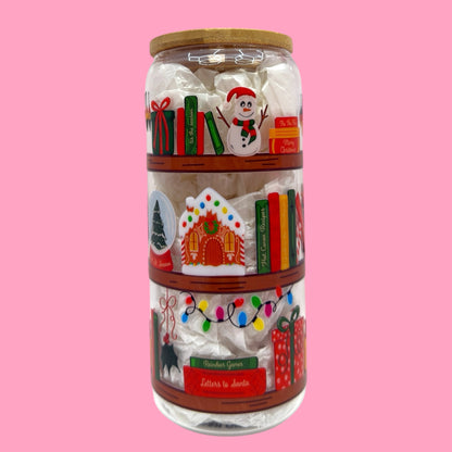 Christmas Bookshelf 20oz Glass Cup 🎄📚✨