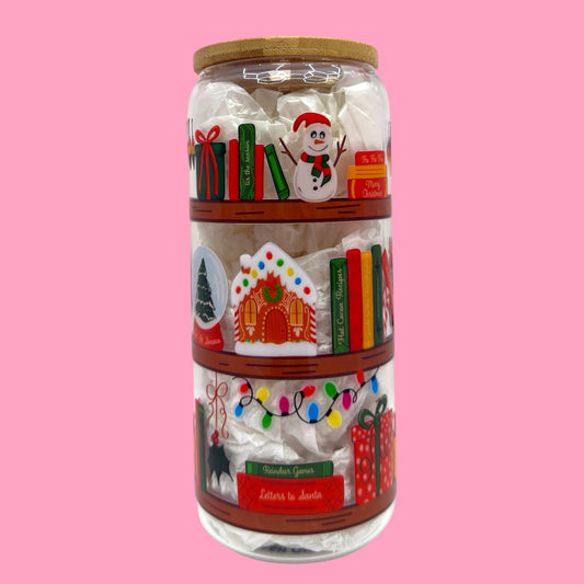 Christmas Bookshelf 20oz Glass Cup 🎄📚✨