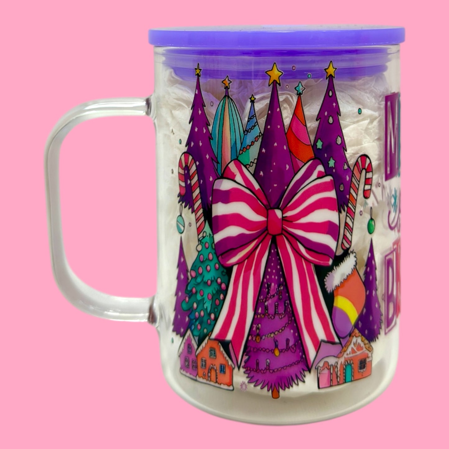 Merry and Bright Christmas Trees 16oz Glass Mug 🎄💜✨