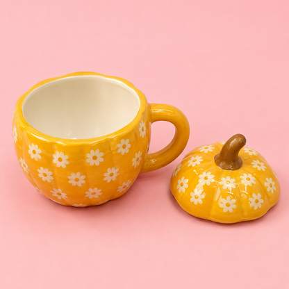 🎃🌼 Daisy Pumpkin Ceramic Mug with Lid 17oz