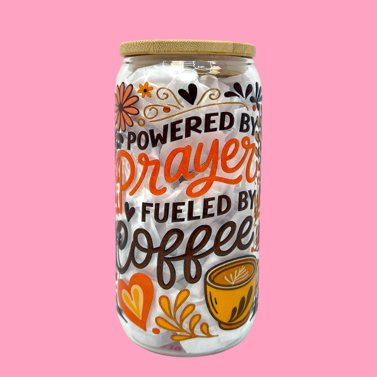 Powered by Prayer & Fueled by Coffee 16oz Glass Cup ☕✨