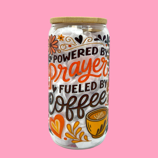 Powered by Prayer & Fueled by Coffee 16oz Glass Cup ☕✨
