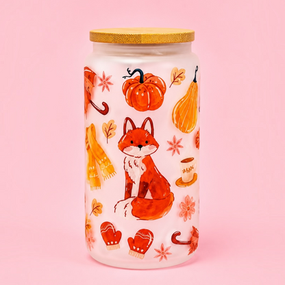 🧡Autumn Fox Frosted Glass Cup 16oz✨
