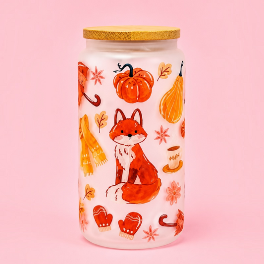 🧡Autumn Fox Frosted Glass Cup 16oz✨