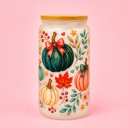 🎃Pretty Pumpkins Frosted Glass Cup 16oz✨🍁