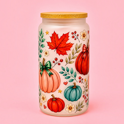 🎃Pretty Pumpkins Frosted Glass Cup 16oz✨🍁