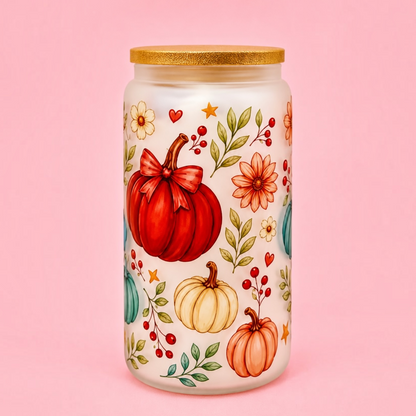 🎃Pretty Pumpkins Frosted Glass Cup 16oz✨🍁