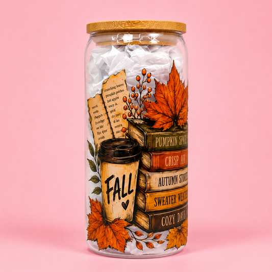 🍁Crisp Air & Cosy Chapters 📚 20oz Glass Cup✨