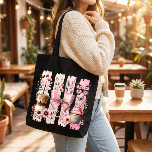 🎀☕ Coquette Coffee & Cupcake Tote Bag 🦋🌸