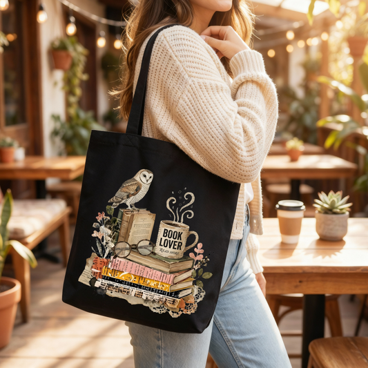 📚🦉Vintage Book Lover Tote Bag ☕