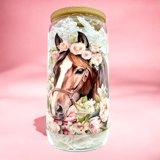 Blossom & Mane” 16oz Glass Cup with Bamboo Lid 🐴🌸🦋