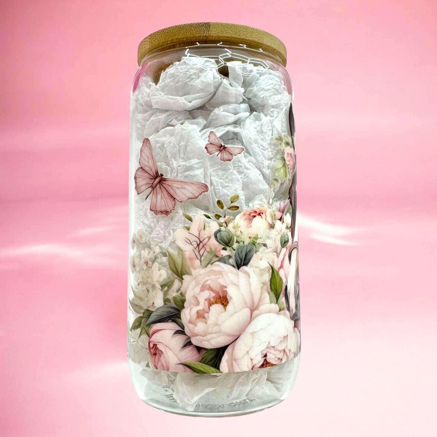 Blossom & Mane” 16oz Glass Cup with Bamboo Lid 🐴🌸🦋