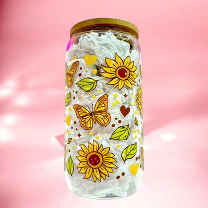 Butterfly Kisses & Sunflower Sips – 16oz Glass Cup 🌻🦋