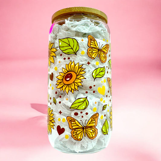 Butterfly Kisses & Sunflower Sips – 16oz Glass Cup 🌻🦋