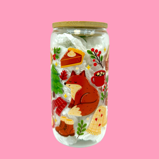🍂 Cozy Fox 16oz Glass Cup 🦊✨