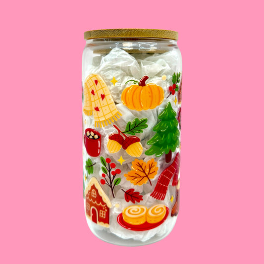 🍂 Cozy Fox 16oz Glass Cup 🦊✨