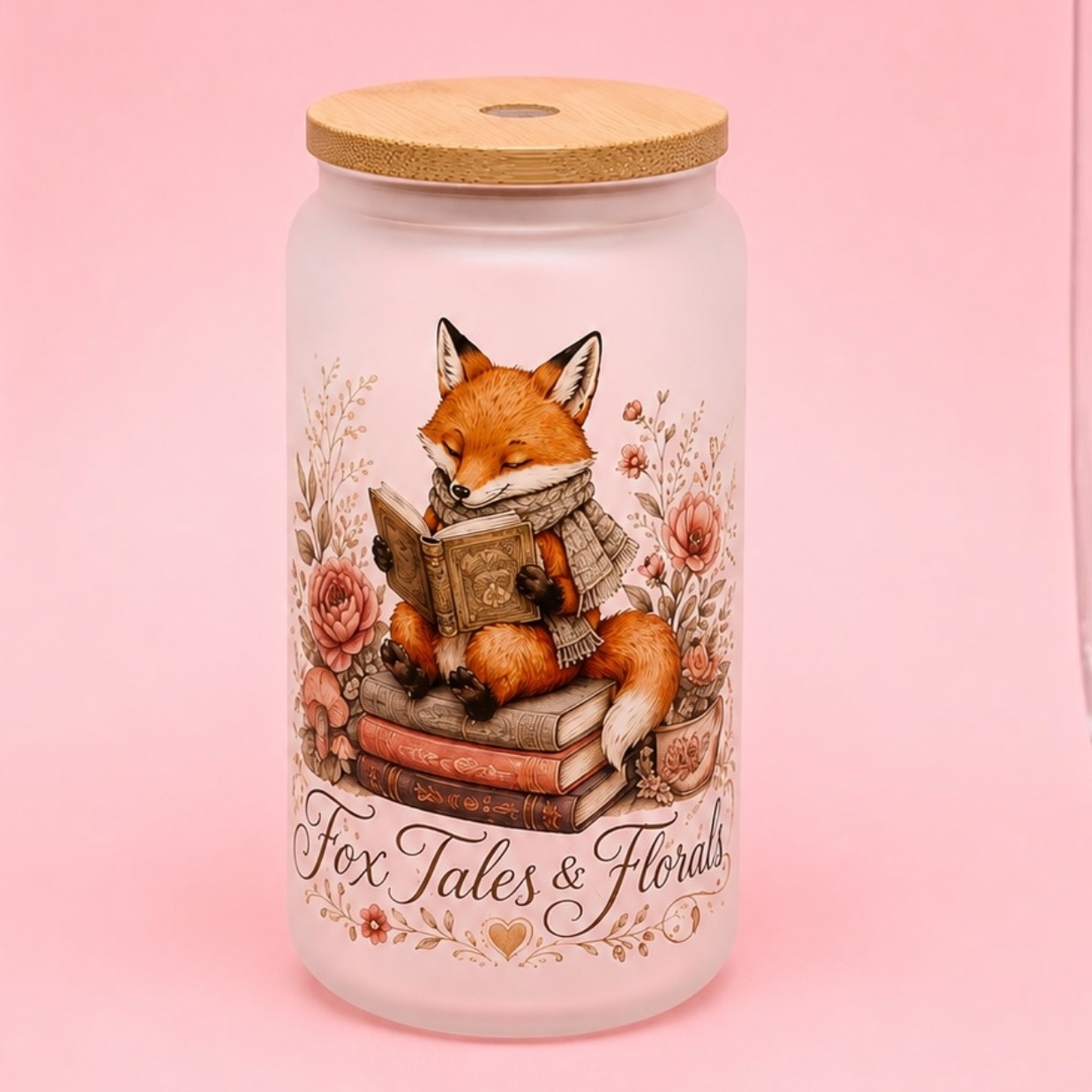 🦊 Fox Tales & Florals 16oz Frosted Glass Cup 🌸📚