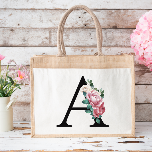 ✨Personalised Initial Jute Bag – Floral Monogram Design 👜🌸