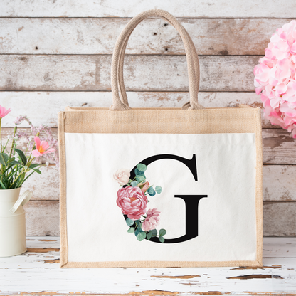 ✨Personalised Initial Jute Bag – Floral Monogram Design 👜🌸